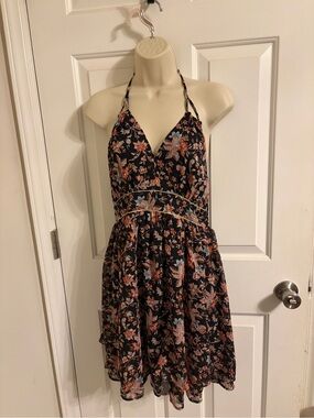 Express Floral Halter Summer Dress in Black and Coral